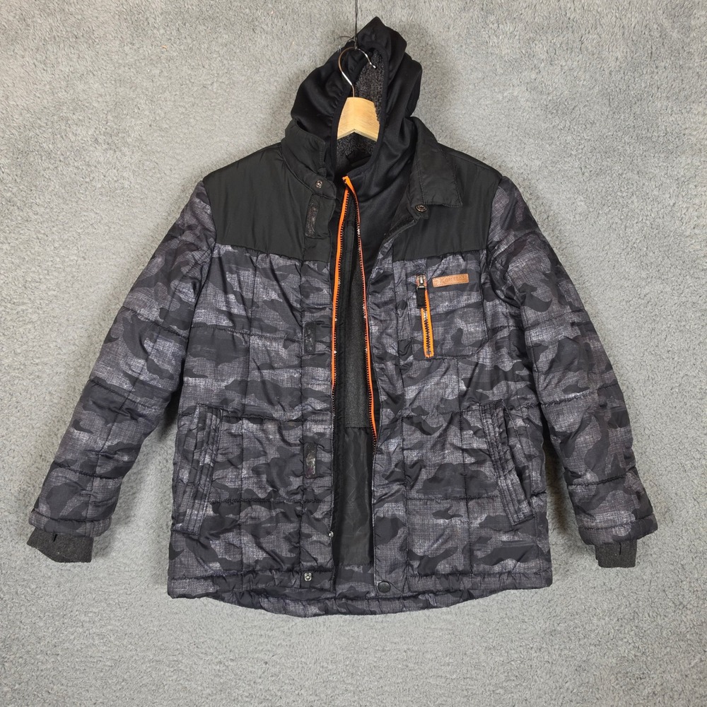 ZeroXposur Puffer Jacket Kids 10/12 Gray Camo Excellent Hooded Fleece Lined